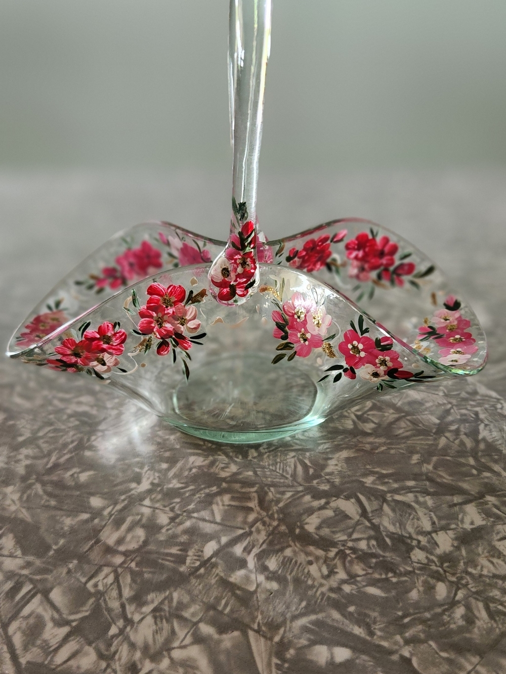 Hand-Painted Pink Floral Glass Centerpiece Basket - Picture 2 of 8